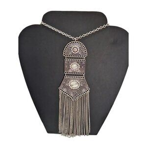 Bohemian Silver Tone Tassel Necklace & Earring Set With Chain & Bead Detailing